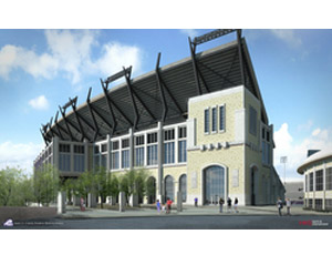 A rendering shows the renovated stadium designed by HKS. Austin Commercial will begin work on the project after the last home game of the 2010 season.
