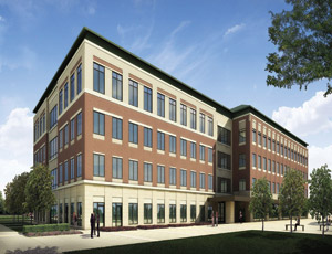 A rendering shows the new Health Science Center Clinical Building at Texas A&M’s new campus in Bryan. Photo: Skanska.