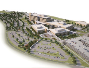 An aerial rendering shows a northwest view of the new Fort Hood replacement hospital designed by HKS, Dallas, and Wingler & Sharp, Wichita Falls.