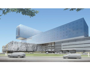 An exterior design rendering of the Parkland Hospital, designed by HDR and Corgan.