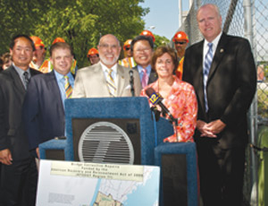  RIGHT: The permanent replacement for the Waterbury Avenue pedestrian bridge segment, that was knocked down in a 2008 truck collision, opened in time for the new school year. The recently completed construction was funded entirely by the American Recovery and Reinvestment Act of 2009. Pictured from left: Philip Eng, Deputy Regional Director of The New York State Department of Transportation, Paul Pomponio, Vice President of El Sol Contracting, Assemblyman Michael Benedetto, New York State Department of Transportation Acting Commissioner Stanley Gee, Denise Richardson, Managing Director of the General Contractors Association of New York and Congressman Joseph Crowley. (Photo courtesy of GCA) 