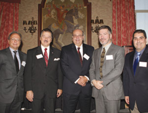 The High Rise Symposium, a special educational conference explaining the economic advantages of cast-in-place reinforced concrete for building New York City�s iconic skyscrapers recently took place at the New York Athletic Club. Building engineers who attended earned 2.5 Professional Development Hours toward their continuing educational requirements in New York State. Pictured from left: Michael Russillo, President of the HP CIPC; Carmine Attanasio, Executive Director of the NYC Promotional Council; Ed DePaola, President & CEO of Severud Associated Consulting Engineers; Borys Hayda, Managaing Principal of DeSimone Consulting Engineers; and Mike Mota, Atlantic Regional Manager of the Concrete Reinforcing Steel Institute. (Photo courtesy of Herbet Margrill & Associates, Inc.) 