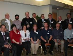2010 CEA President�s Safety Award winners are, front row, from left, Rick Millitello, Skanska USA Building; Dee McGregor, Performance Contracting; Patty Middleton, F. Rodgers Corp.; Maureen Gadient, Herrero Contractors; Chris Moulden, Performance Mechanical; Tim Fitzpatrick, C. Overaa & Co.; and Add Kennon, S. J. Amoroso Construction Co.; back row, from left, Gary Amsinger, McCarthy Building Cos.; Robert Ortiz, Nibbi Bros. Associates; Joel Becks, DPR Construction; Chris Breuner, Meade Construction Group; Josh Oliver, Oliver & Co.; Sergei Bogatsky, Dome Construction Corp.; Mike Popp, XL Construction Corp.; and John Elwood, Swinerton Builders.