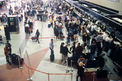 Congested ticket counters (left) will give way to self-service kiosks that reduce the need for lobby space