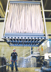 Wastewater is sucked through hollow membranes.