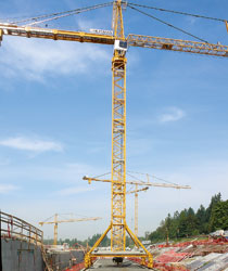 Rail-mounted tower cranes provide efficient hoist capacity over large work area.