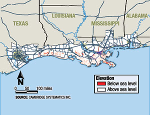 With much of the Gulf Coast at low elevations, forecasts of rising sea levels show flooded infrastructure.