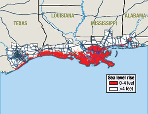 With much of the Gulf Coast at low elevations, forecasts of rising sea levels show flooded infrastructure.