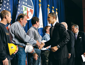 Obama meets road crews at DOT headquarters while marking transportation stimulus milestone.