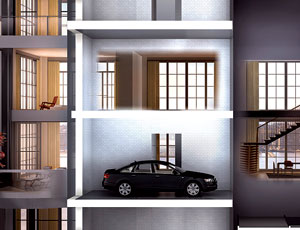 Residents drive through gate, into lift and up to their apartments.