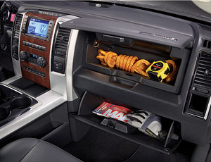 Trucks have twin glove boxes, a big center console and floor cubbies.