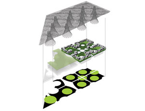 This exploded view of the building shows, conceptually, the seven-acre steel-pipe trellis and its support cones (top), which will provide a platform for a system of photovoltaic panels; the seven-story office blocks’ roof gardens shaded by the trellis (center), and the ground plane, which shows the courtyards within the bases of the 11 cones.