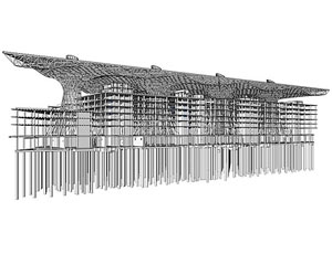 The complex consists of two assemblies—the concrete-framed office building and the steel-framed trellis and its cone supports, which share a common platform but are otherwise independent of each other.