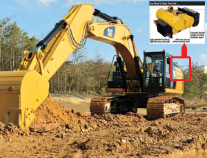 Cat’s Clean Emissions Module—the Tier 4 excavator at left uses one—will fit on new and existing engines. The particulate filter can regenerate, or burn soot, without idling the machine.