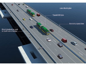 Project floating along On-site work is under way for new pontoon construction (above), which is part of the expanded Washington state corridor (this image) connecting Seattle to points east.