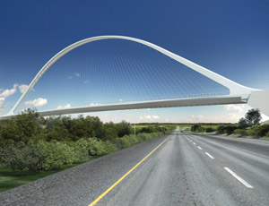 Design by Calatrava for symmetrical suspension bridge may be too costly to build.