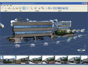 Cloud-processed model office building includes and references the vantage point of each photo contributing to the model