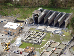 An equalization basin wall collapsed on April 5 at a wastewater treatment plant in Gatlinburg, Tenn., following heavy rainfall.