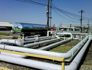 Fuel terminals are an important link in the supply chain between refineries, pipelines and the retail market. Here, one of Mannheim, Pa.-based Amerigreen’s biodiesel tankers loads up for a delivery.